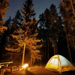 Nocny camping w Górach Stołowych. Rozświetlony namiot i ognisko w lesie pod rozgwieżdżonym niebem.