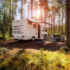 Kamper w lesie, idealne miejsce na włochy spanie na dziko. Słońce przebija się przez drzewa, tworząc magiczną atmosferę.