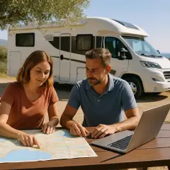 Para planuje trasę po Grecji, przeglądając mapę i laptopa. Idealne kempingi czekają!