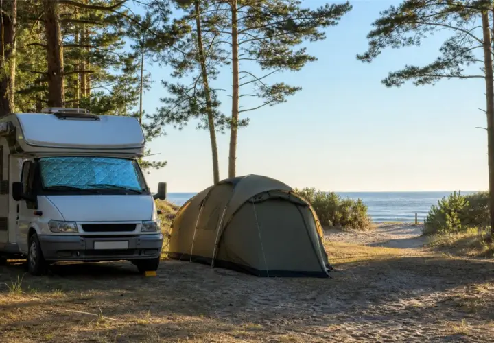 Kamper i namiot na piasku, w otoczeniu drzew. W tle widać spokojne morze. Idealne miejsce na camping nad morzem.