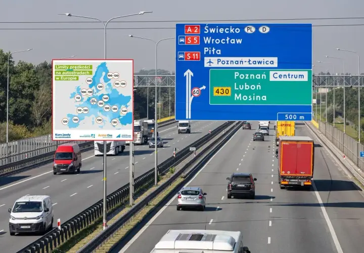 Jazda z przyczepą po autostradzie A2 w kierunku Poznania. Obok tablica z limitami prędkości w Europie.