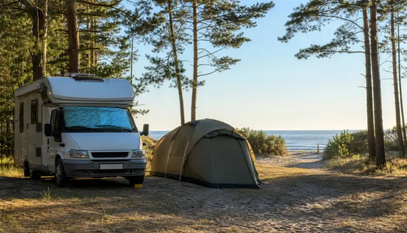 Kamper i namiot na piasku, w otoczeniu drzew. W tle widać spokojne morze. Idealne miejsce na camping nad morzem.