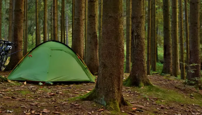 Zielona namiot i rowery w lesie, idealne miejsce, gdzie można rozbić namiot na dziko.