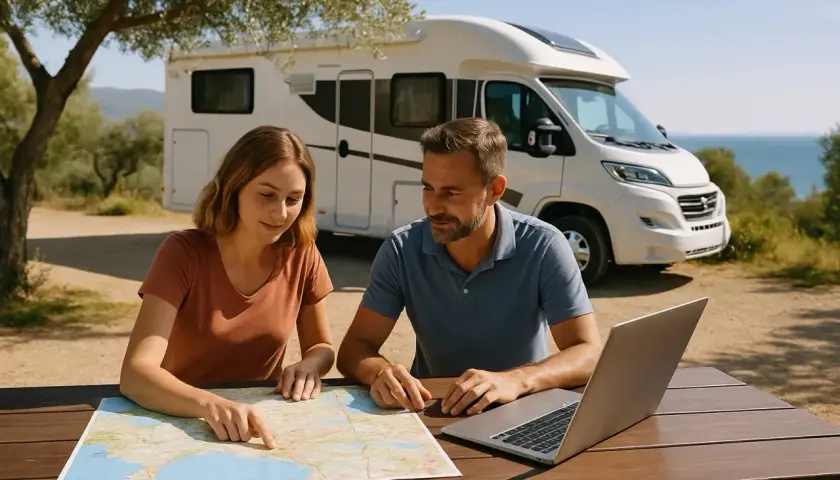 Para planuje trasę po Grecji, przeglądając mapę i laptopa. Idealne kempingi czekają!