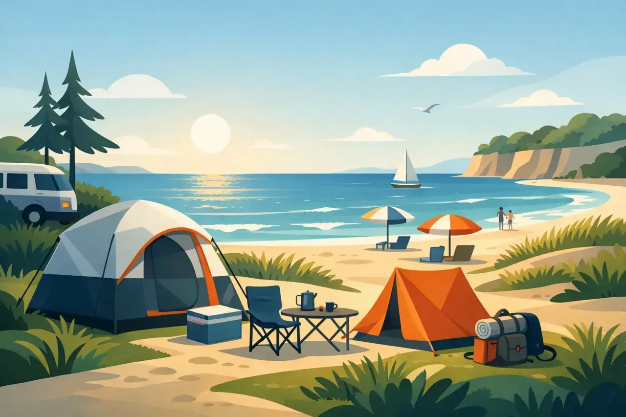 Idealny camping nad morzem Polska: namioty, kamper, plaża, słońce i żaglówka na horyzoncie.