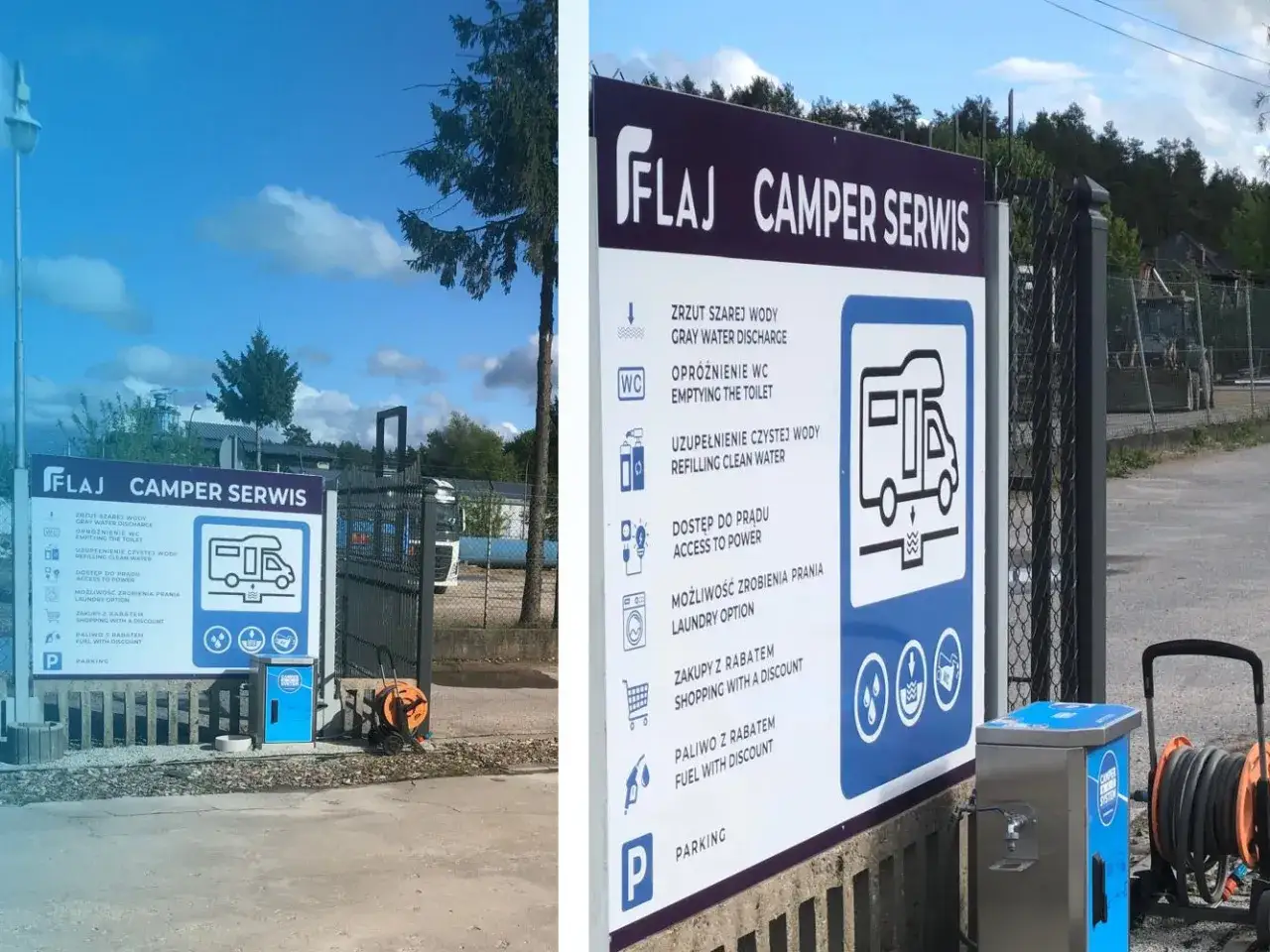 Nowoczesna area sosta camper z usługami: zrzut szarej wody, opróżnianie toalety, uzupełnianie czystej wody, prąd, pranie, zakupy i paliwo z rabatem.