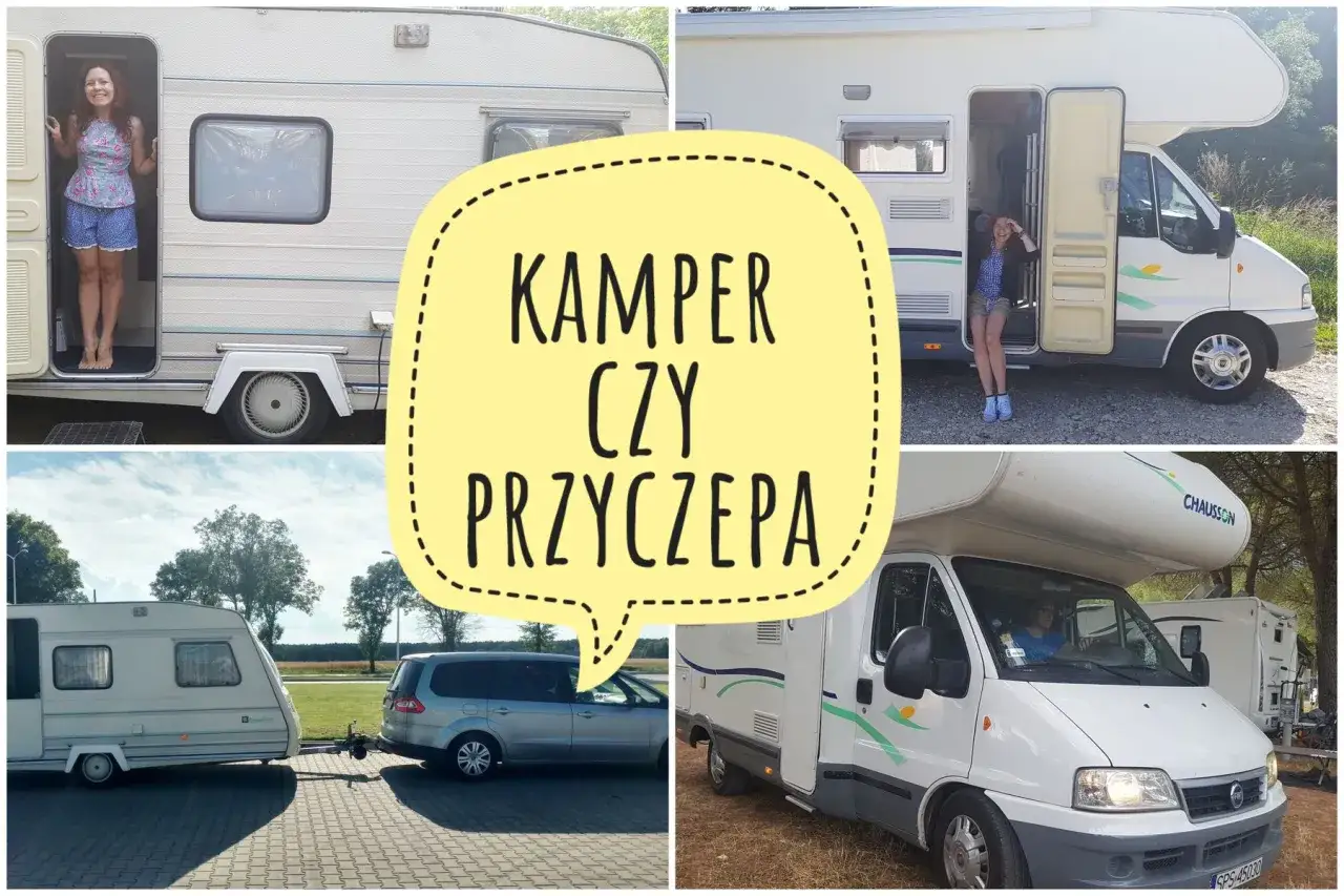Kobieta pozuje przy przyczepie kempingowej i kamperze. Kt&oacute;re wybrać na wakacje?