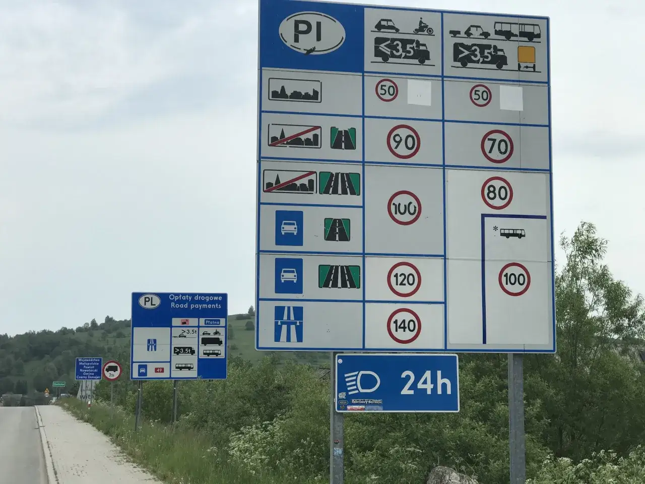 Znaki drogowe informujące o opłatach i limitach prędkości na drodze ekspresowej. Widoczne są znaki dopuszczalnej prędkości: 50, 70, 80, 90, 100, 120, 140 km/h.