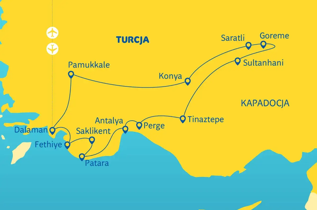 Mapa turystyczna pokazuje trasę przez turcja miasta: Pamukkale, Konyę, Kapadocję (Göreme, Saratli, Sultanhanı) oraz wybrzeże z Dalamanem, Fethiye, Patarą, Saklikent i Antalyą.