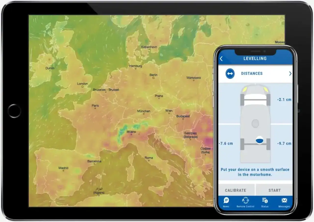 Aplikacja dla kamper&oacute;w pokazuje poziomowanie pojazdu. Na ekranie telefonu widać odległości od podłoża, a tablet wyświetla mapę Europy.